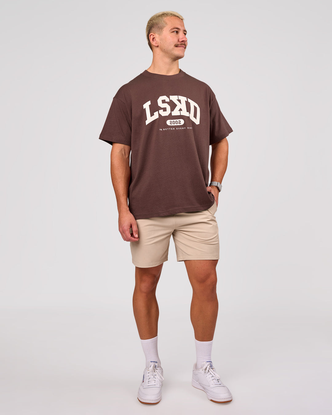 Man wearing Varsity EST Heavyweight Oversized Tee  - Cocoa Powder-Off White | Model:Jaiden | Size:M - view 5
