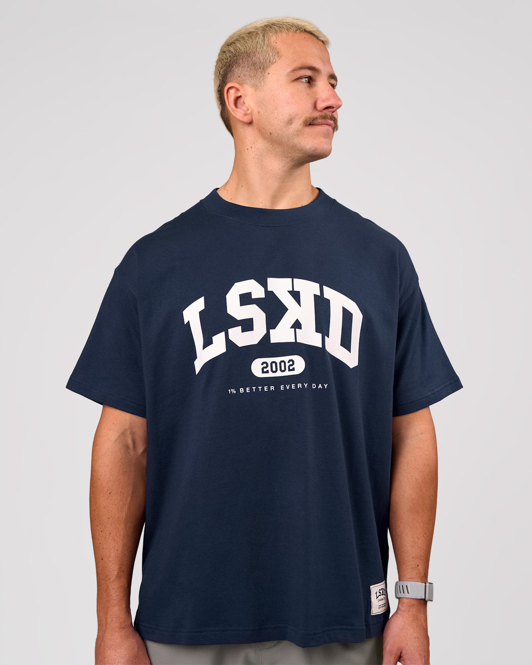 Man wearing Varsity EST Heavyweight Oversized Tee  - Future Navy-White | Model:Jaiden | Size:M - view 8
