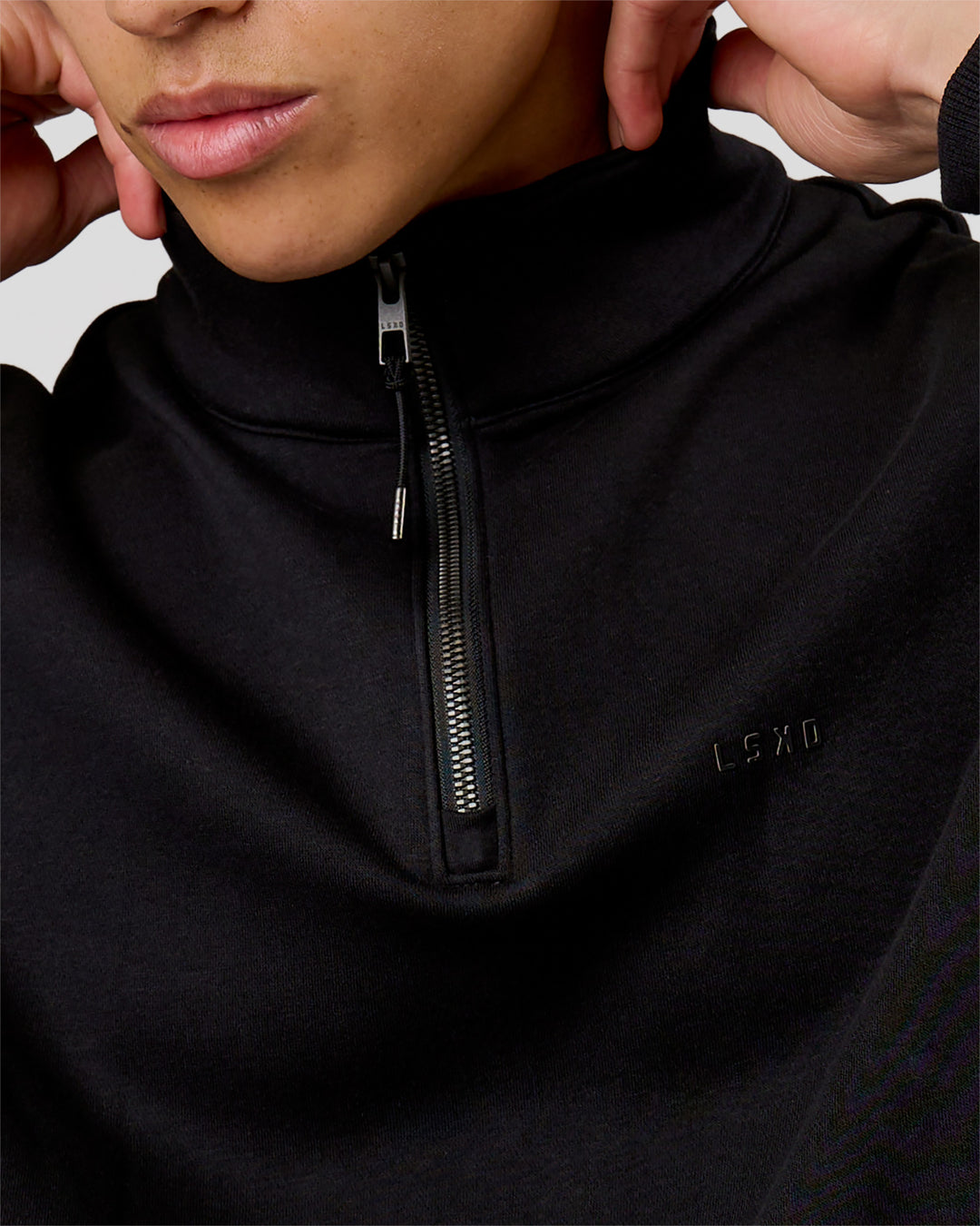 Man wearing Base Quarter Zip Sweater - Black | Model:Leandro | Size:M - view 12