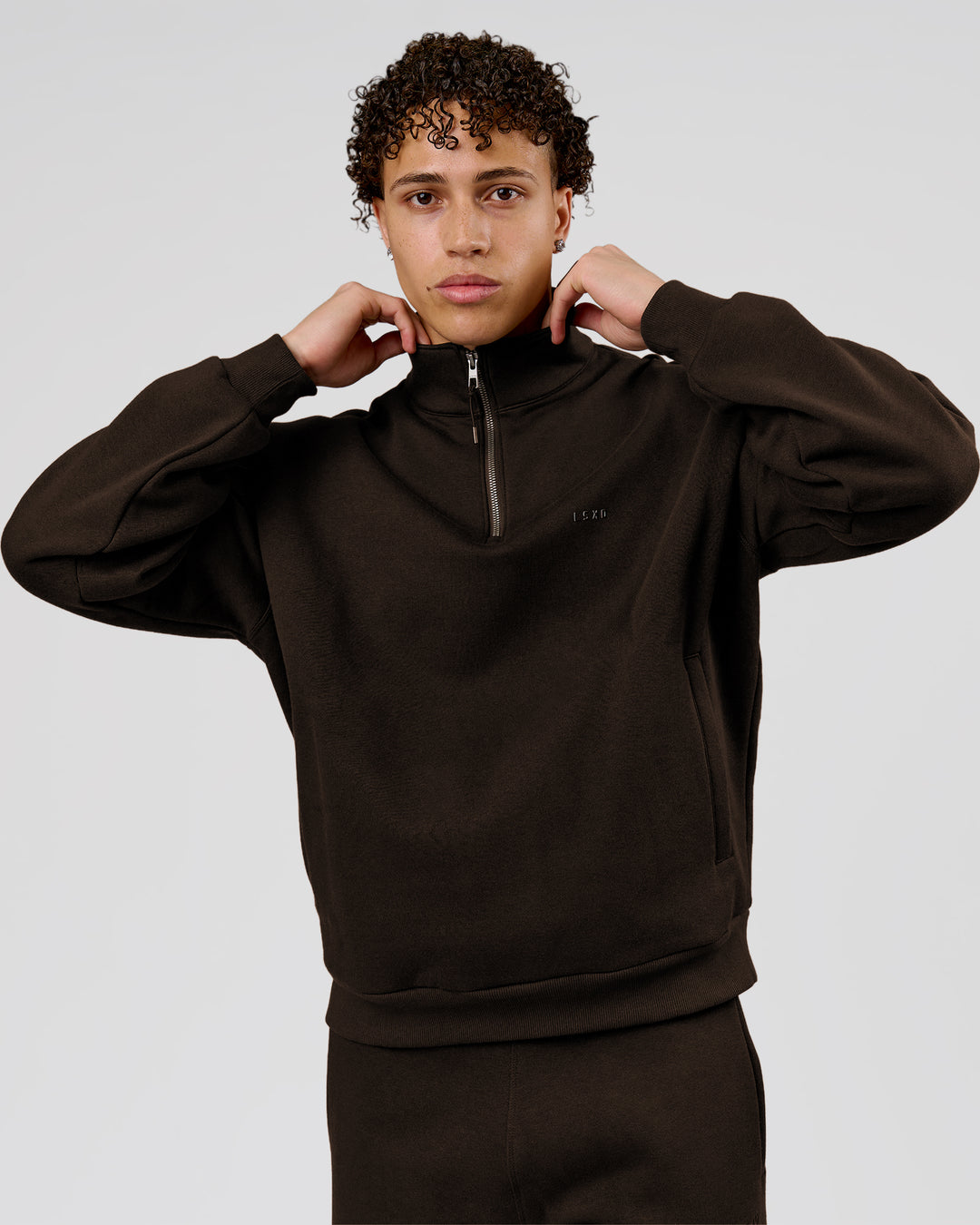 Man wearing Base Quarter Zip Sweater - Ground Coffee | Model:Leandro | Size:M - view 3