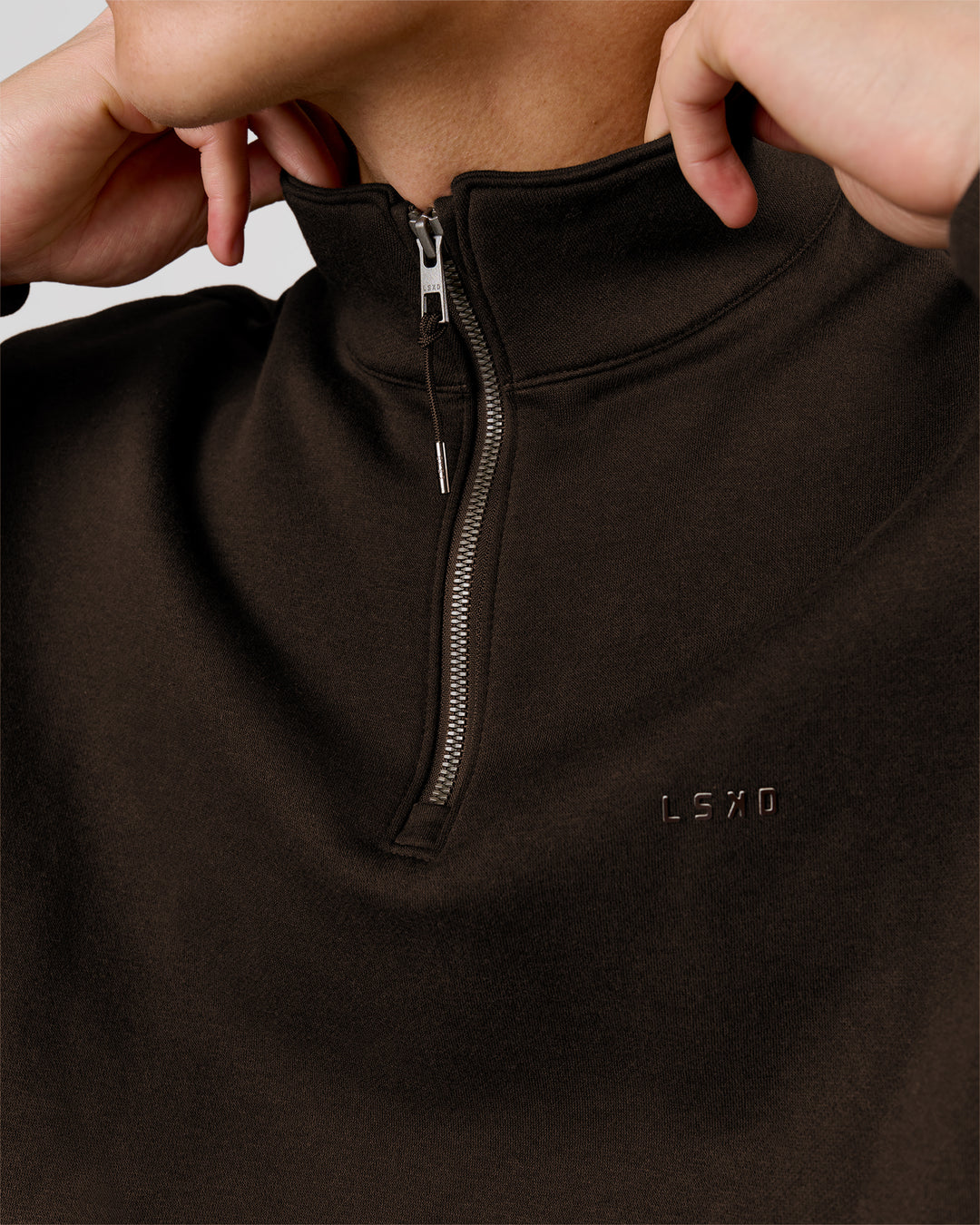 Man wearing Base Quarter Zip Sweater - Ground Coffee | Model:Leandro | Size:M - view 5