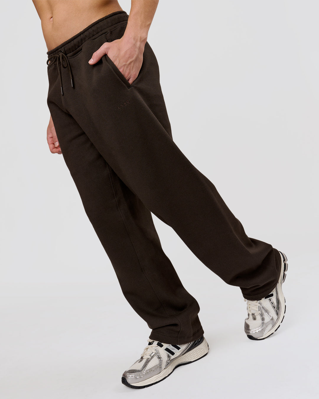 Man wearing Base Wide Leg Track Pant - Ground Coffee | Model:Leandro | Size:M - view 3