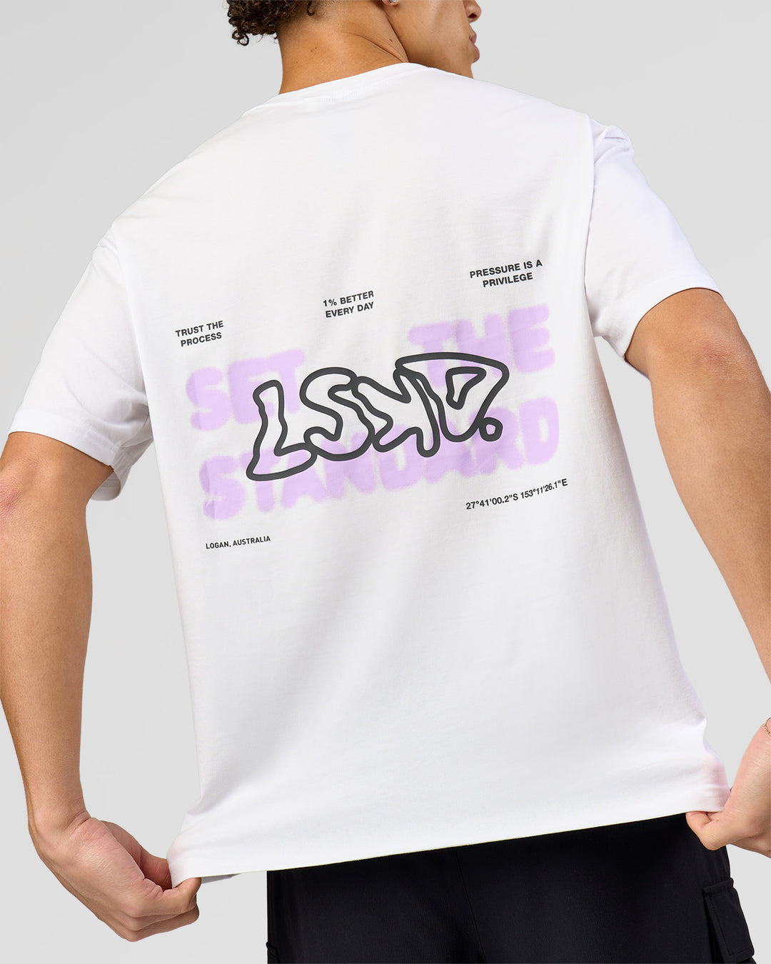 Man wearing Benchmark FLXCotton Oversized Tee - White-Pale Lilac | Model:Leandro | Size:M - view 8