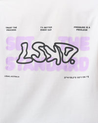Man wearing Benchmark FLXCotton Oversized Tee - White-Pale Lilac | Model:Leandro | Size:M | Thumbnail Index: 10