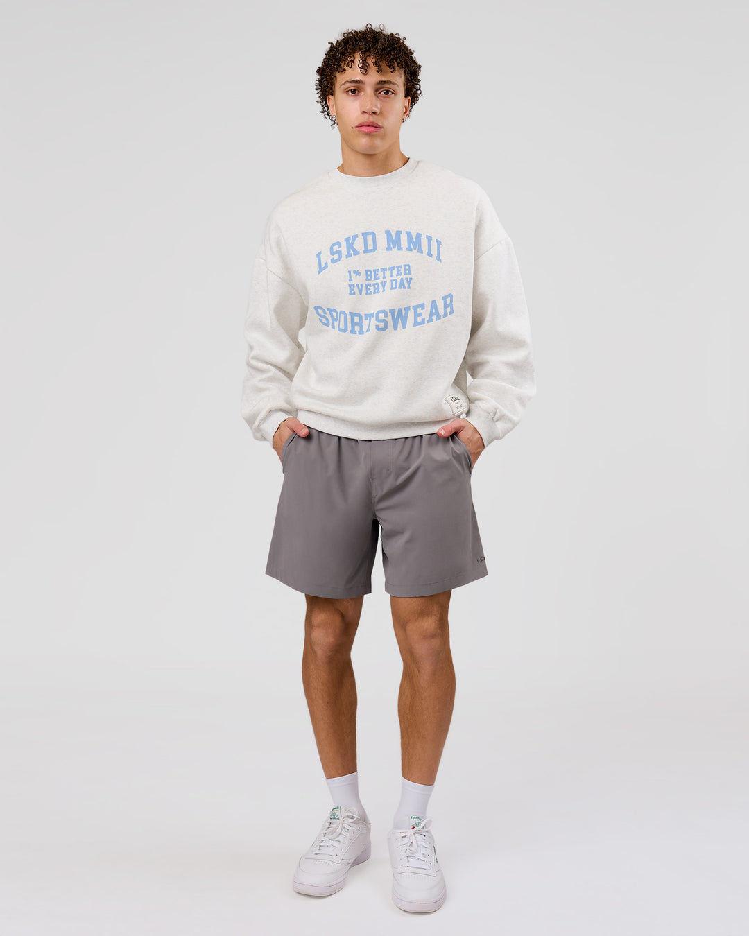 Man wearing Playbook Boxy Crew Sweater - Silver Marl-Open Air | Model:Leandro | Size:M - view 8