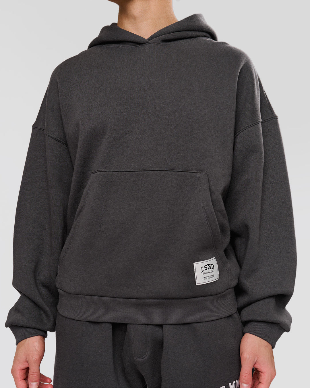 Man wearing Playbook Boxy Hoodie - Onyx-Off White | Model:Leandro | Size:M - view 4