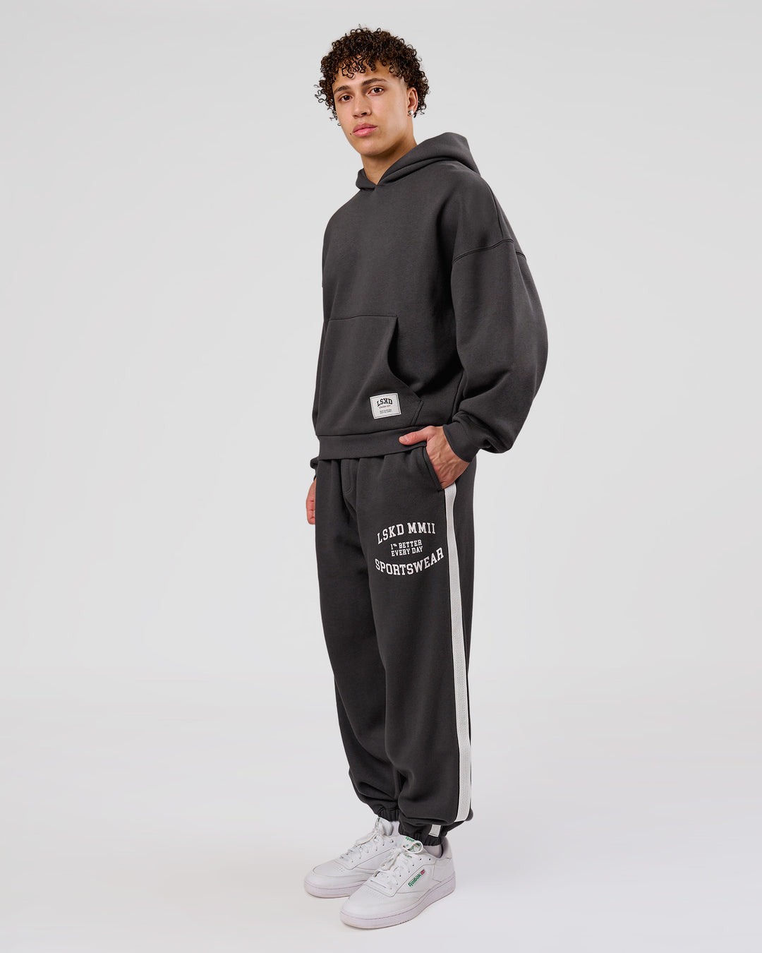 Man wearing Playbook Boxy Hoodie - Onyx-Off White | Model:Leandro | Size:M - view 9
