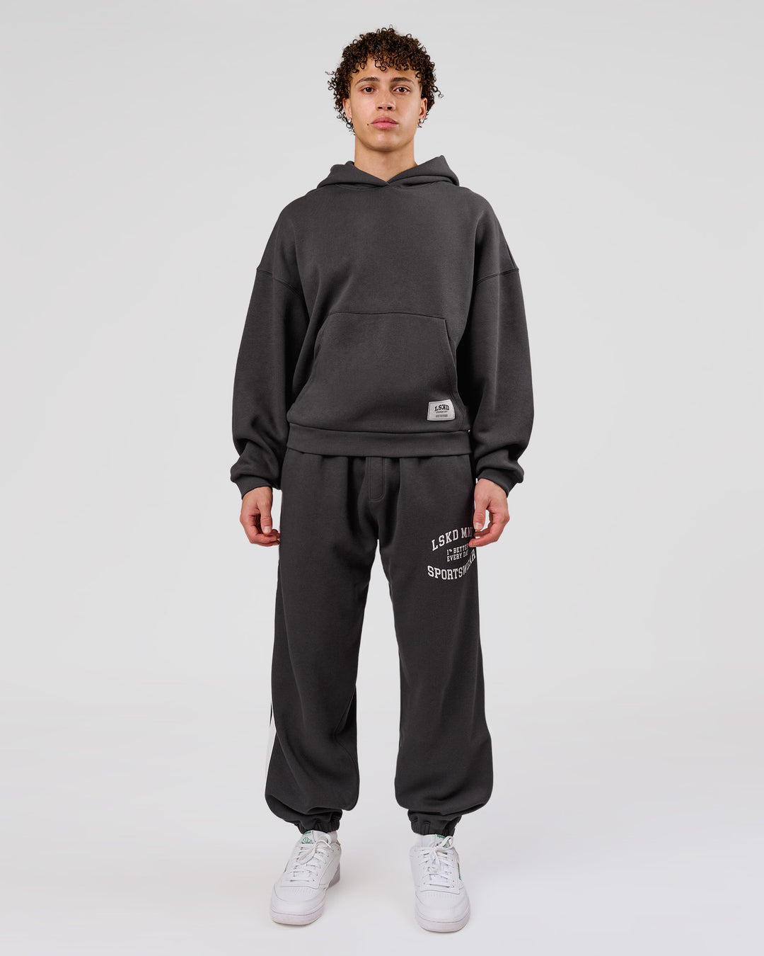 Man wearing Playbook Boxy Hoodie - Onyx-Off White | Model:Leandro | Size:M - view 11