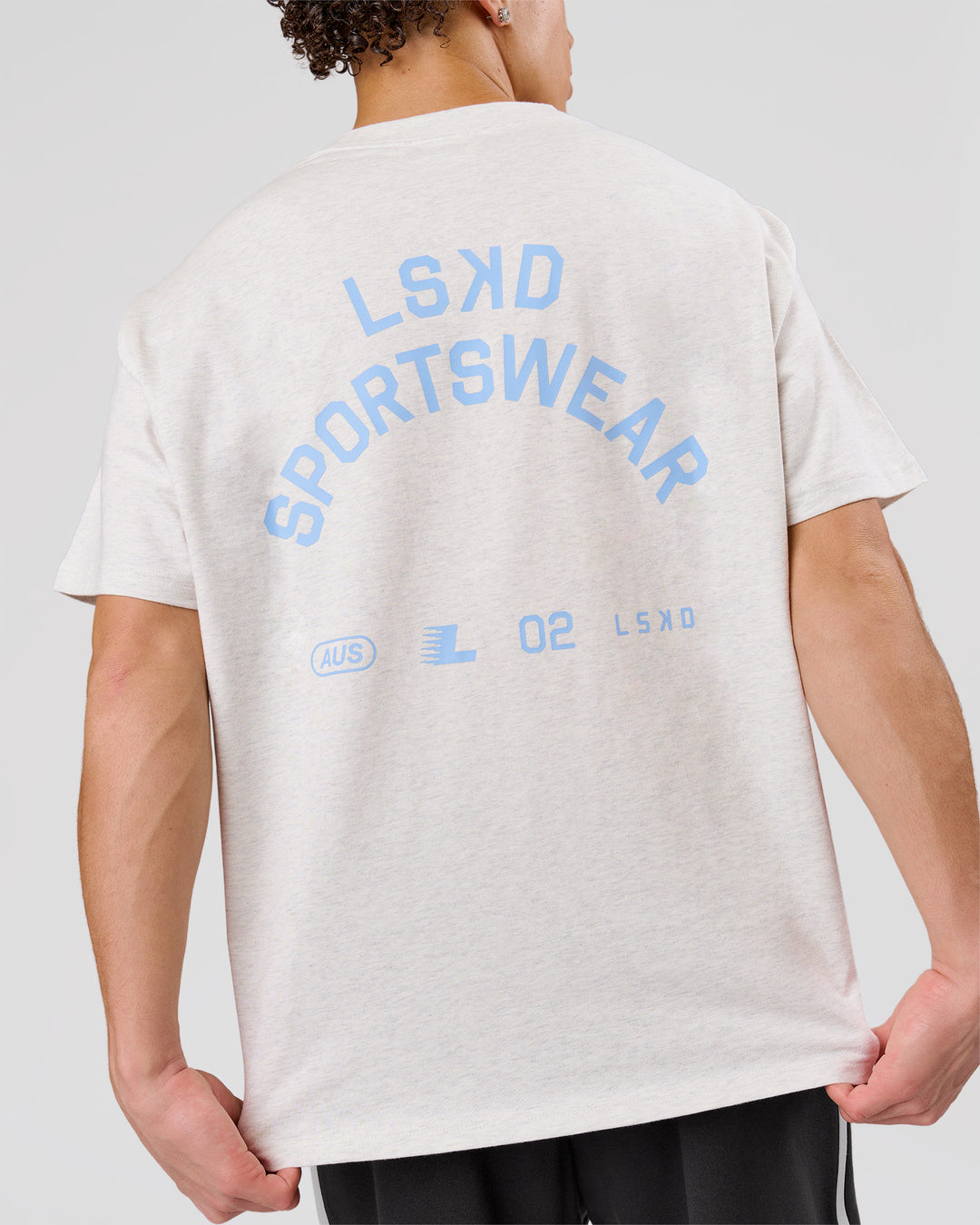 Man wearing Playbook Heavyweight Oversized Tee - Silver Marl-Open Air | Model:Leandro | Size:M - view 3