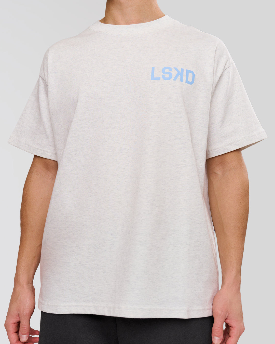 Man wearing Playbook Heavyweight Oversized Tee - Silver Marl-Open Air | Model:Leandro | Size:M - view 8