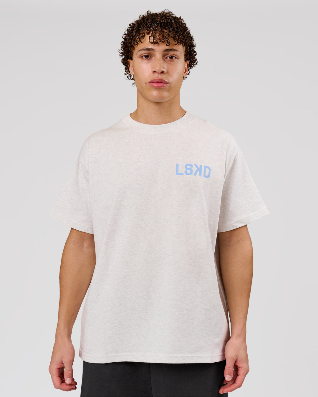 Man wearing Playbook Heavyweight Oversized Tee - Silver Marl-Open Air | Model:Leandro | Size:M - view 10
