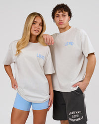Man wearing Playbook Heavyweight Oversized Tee - Silver Marl-Open Air | Model:Leandro | Size:M | Thumbnail Index: 14