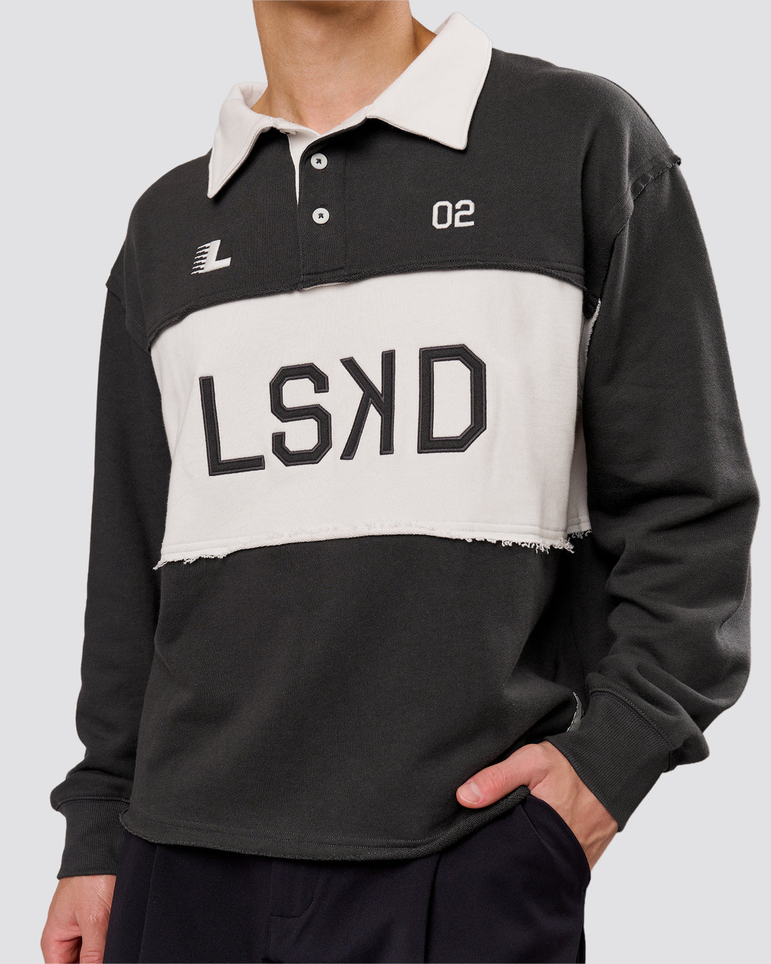 Man wearing Playbook Unisex Collared Sweater - Onyx-Off White | Model:Leandro | Size:M - view 3