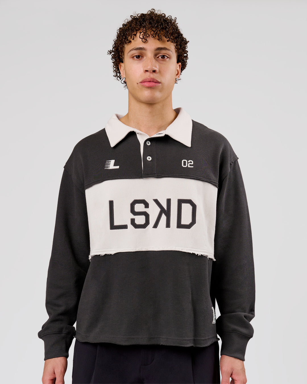 Man wearing Playbook Unisex Collared Sweater - Onyx-Off White | Model:Leandro | Size:M - view 6