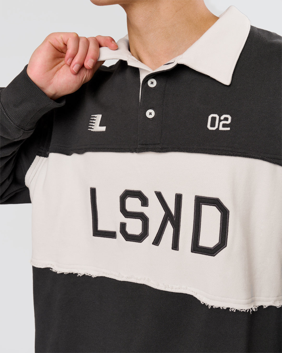 Man wearing Playbook Unisex Collared Sweater - Onyx-Off White | Model:Leandro | Size:M - view 8