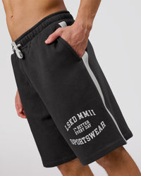 Man wearing Playbook Varsity Fleece Shorts - Onyx-Off White | Model:Leandro | Size:M | Thumbnail Index: 8