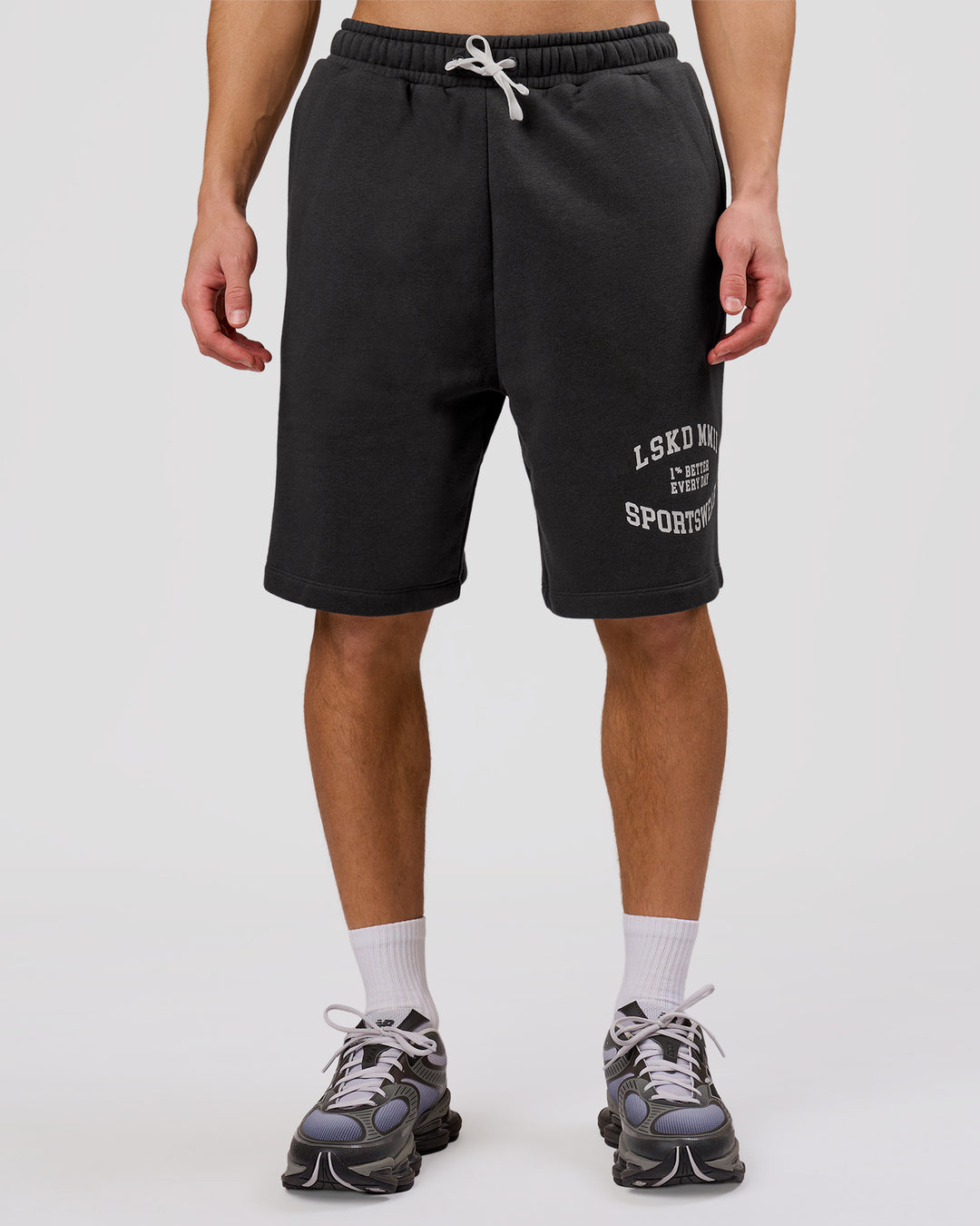 Man wearing Playbook Varsity Fleece Shorts - Onyx-Off White | Model:Leandro | Size:M - view 13