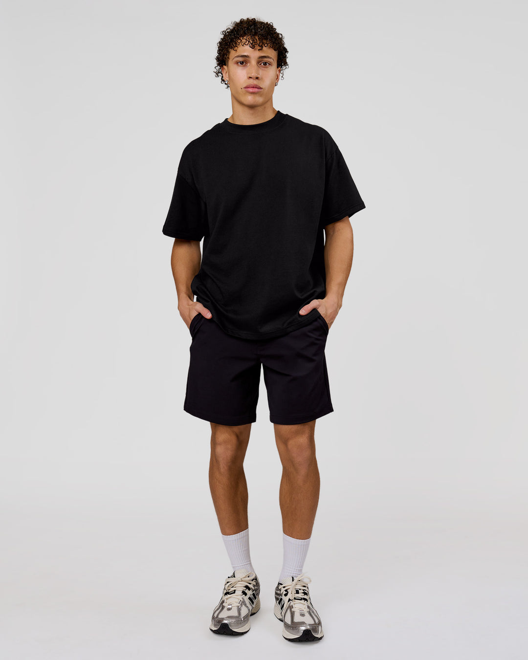 Man wearing Shadow Mark Heavyweight Oversized Tee - Black-Onyx | Model:Leandro | Size:M - view 13