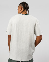 Man wearing Be Here Now Heavyweight FLXCotton Tee Oversize - Silver Marl-Midnight Green | Model:Malebo | Size:M | Thumbnail Index: 4