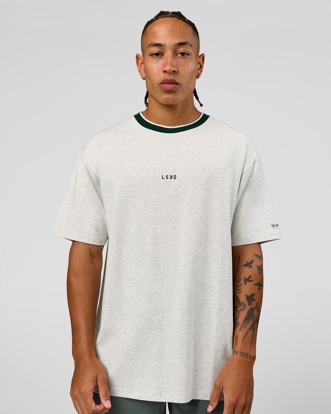 Man wearing Be Here Now Heavyweight FLXCotton Tee Oversize - Silver Marl-Midnight Green | Model:Malebo | Size:M - view 3