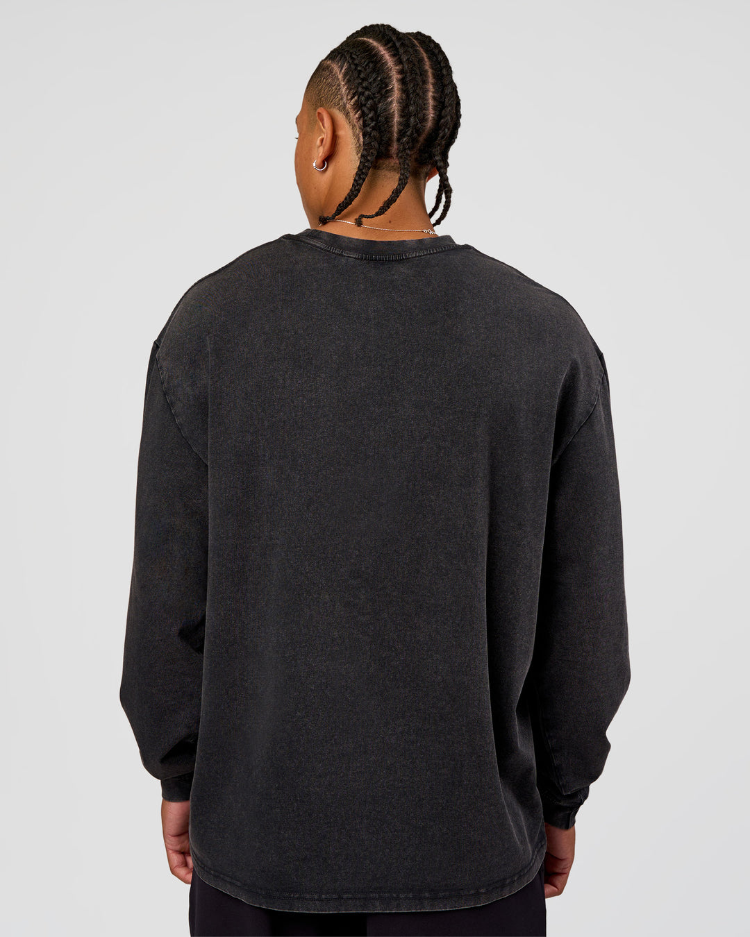 Man wearing Clear Vision Heavyweight FLXCotton Oversized LS Tee - Black Washed-Black | Model:Malebo | Size:M - view 12