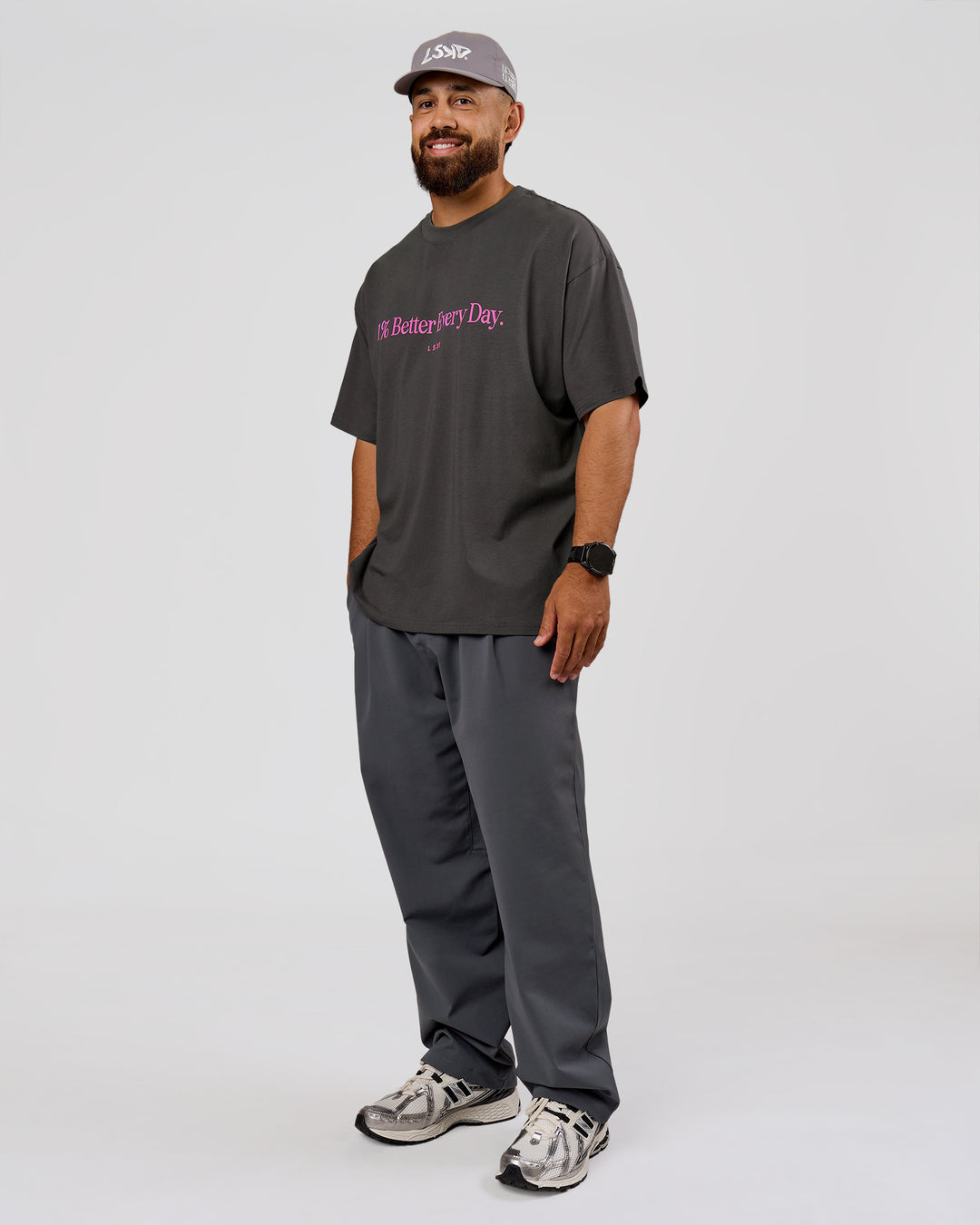 Man wearing VS6 1% Better Fathers Day FLXCotton Oversized Tee - Dark Storm | Model:Jordan | Size:XL - view 17