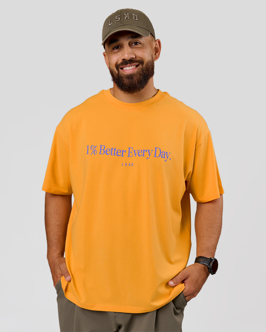 Man wearing VS6 1% Better Fathers Day FLXCotton Oversized Tee - Warm Apricot | Model:Jordan | Size:XL - view 2