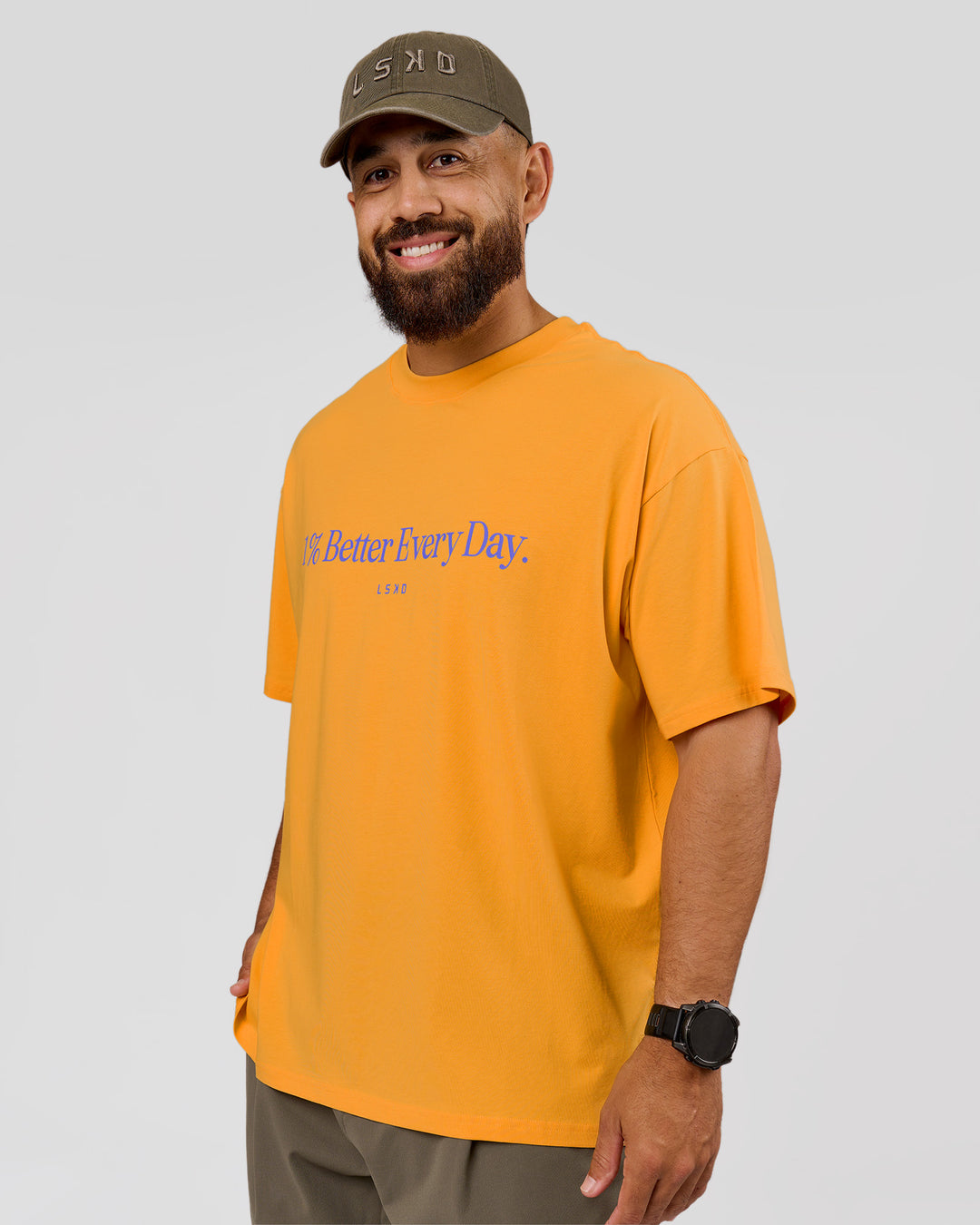 Man wearing VS6 1% Better Fathers Day FLXCotton Oversized Tee - Warm Apricot | Model:Jordan | Size:XL - view 8