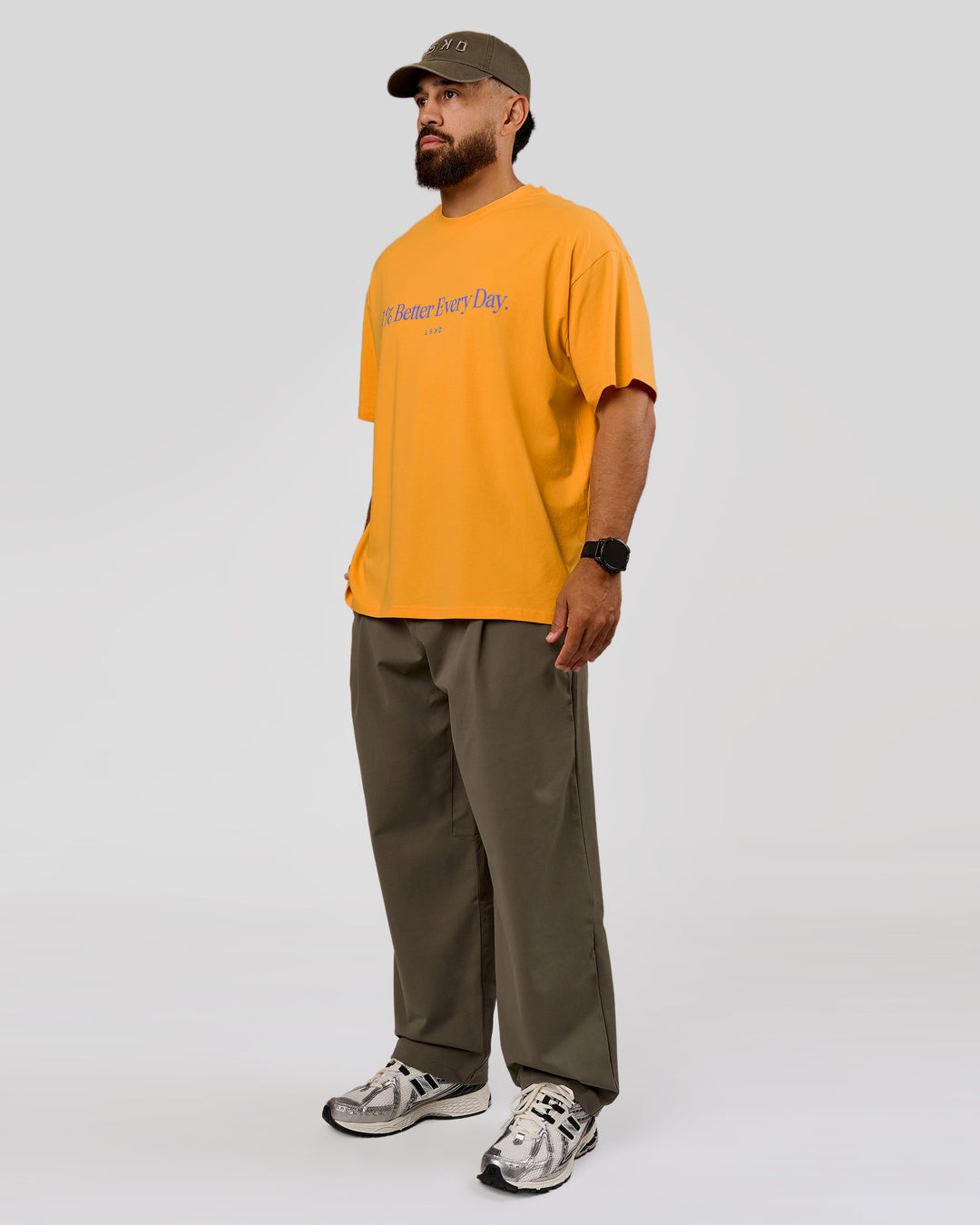 Man wearing VS6 1% Better Fathers Day FLXCotton Oversized Tee - Warm Apricot | Model:Jordan | Size:XL - view 13