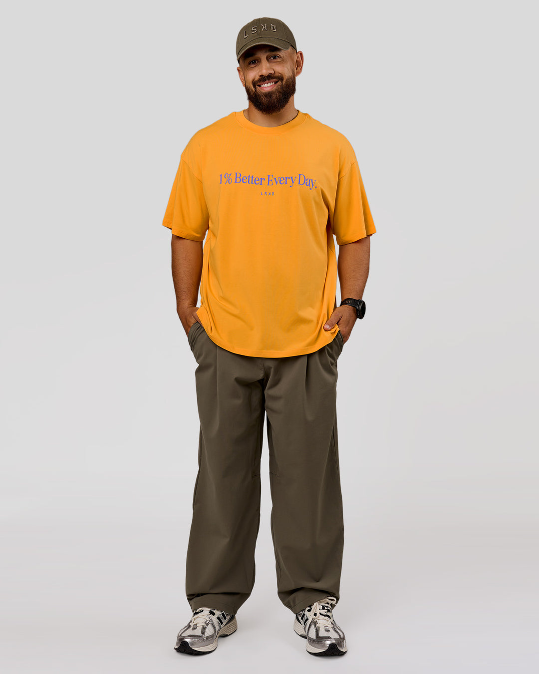 Man wearing VS6 1% Better Fathers Day FLXCotton Oversized Tee - Warm Apricot | Model:Jordan | Size:XL - view 14
