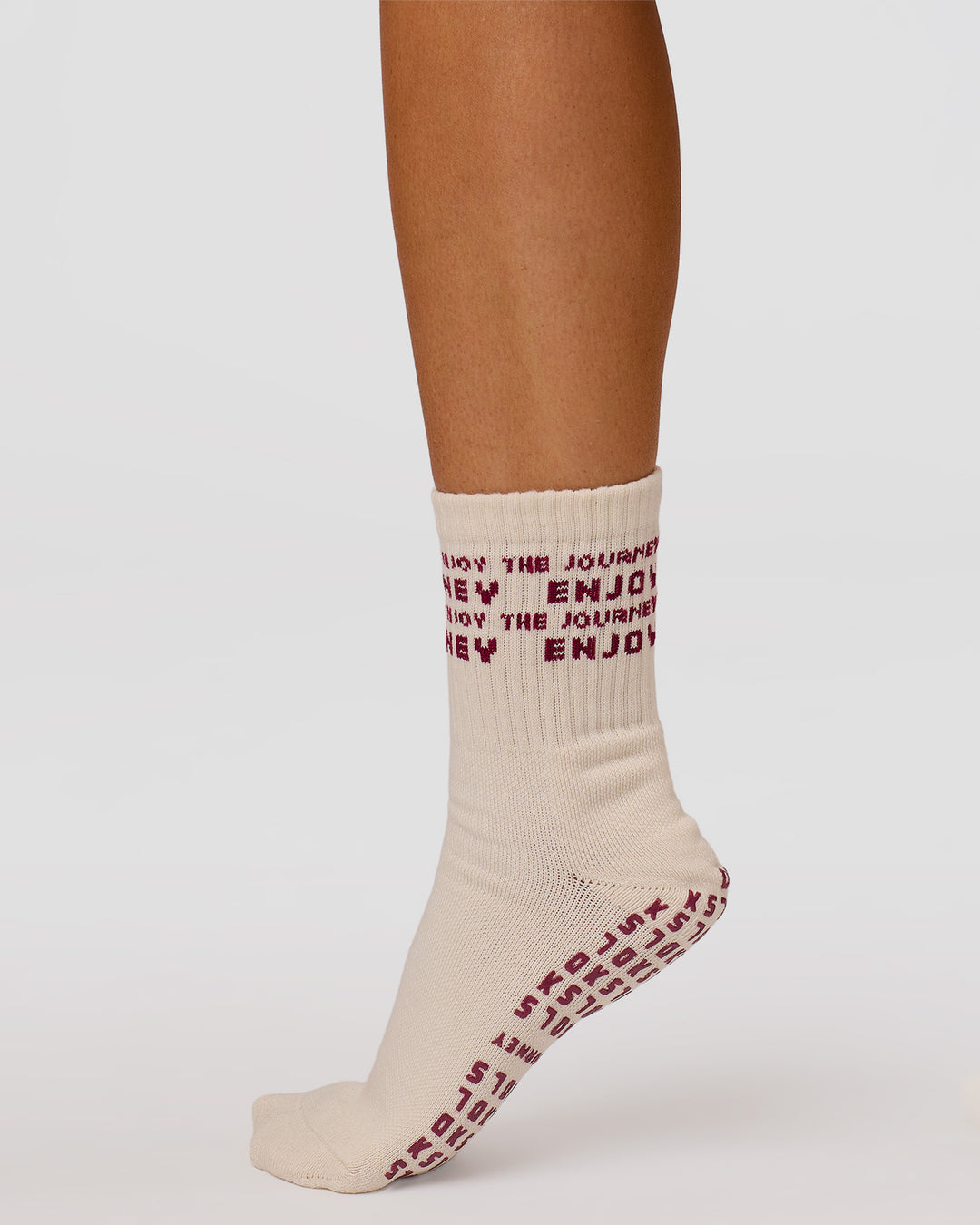 Studio image of Enjoy the Journey Pilates Grip Socks - Off White-Plum Caspia - view 2