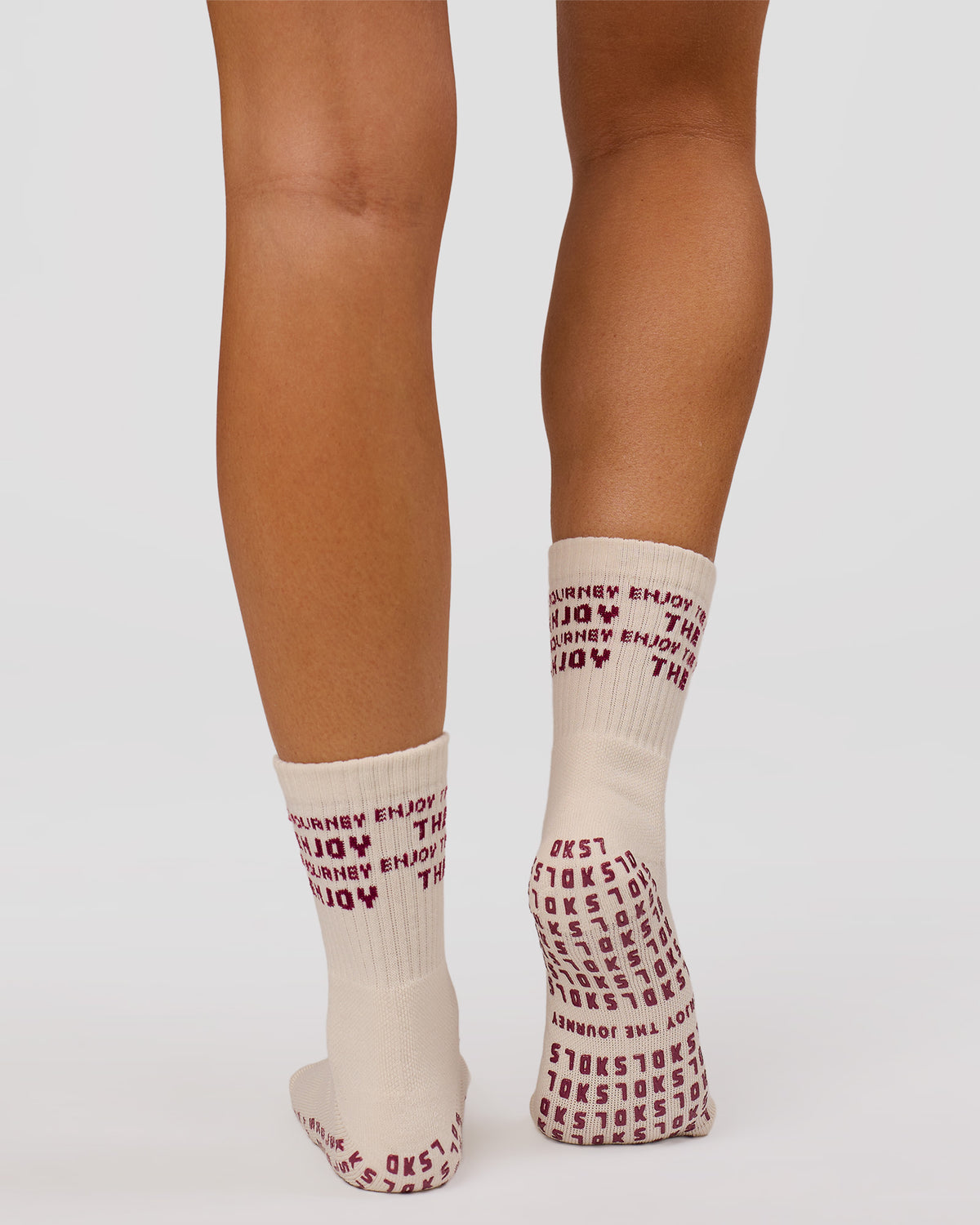 Studio image of Enjoy the Journey Pilates Grip Socks - Off White-Plum Caspia - view 1