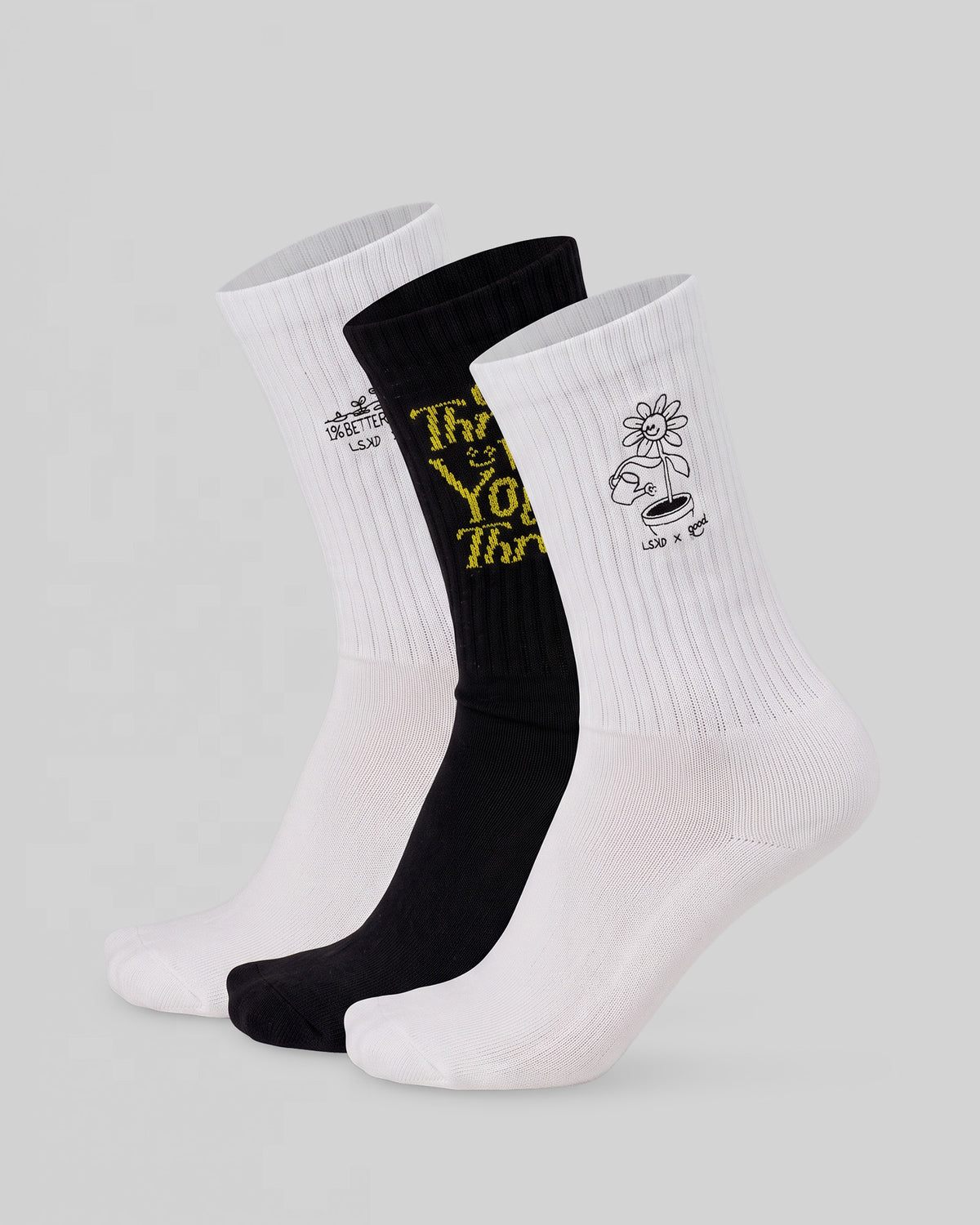 Studio image of TGHF X LSKD 3 pack Crew Sock - White - view 1