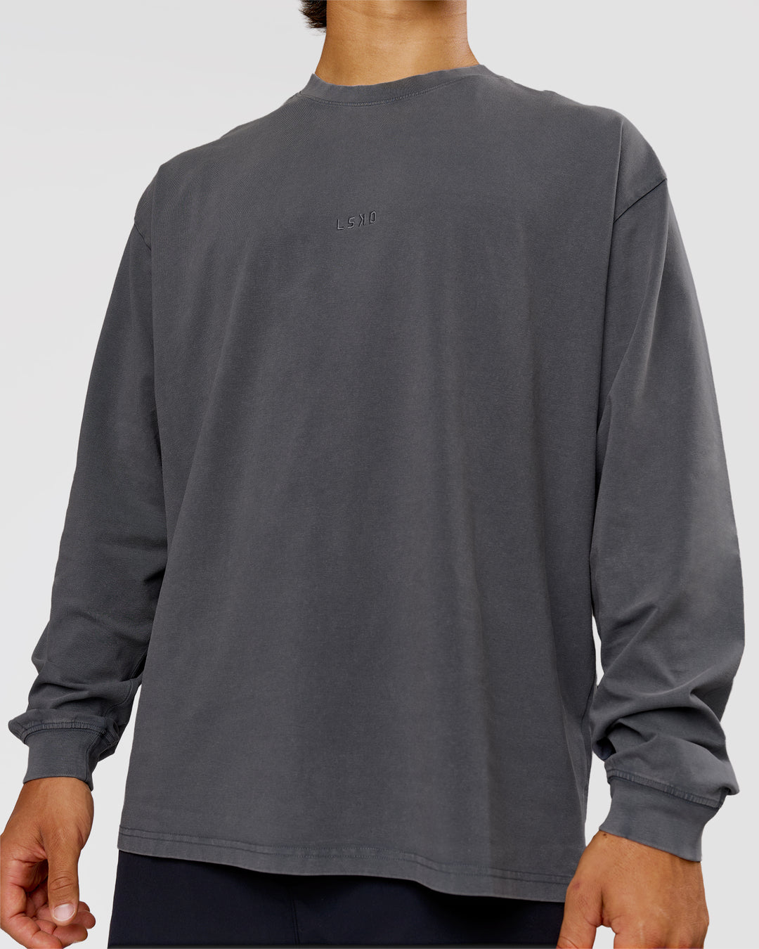 Man wearing Classic Heavyweight FLXCotton Oversized LS Tee - Dark Storm Washed | Model:George | Size:M - view 2