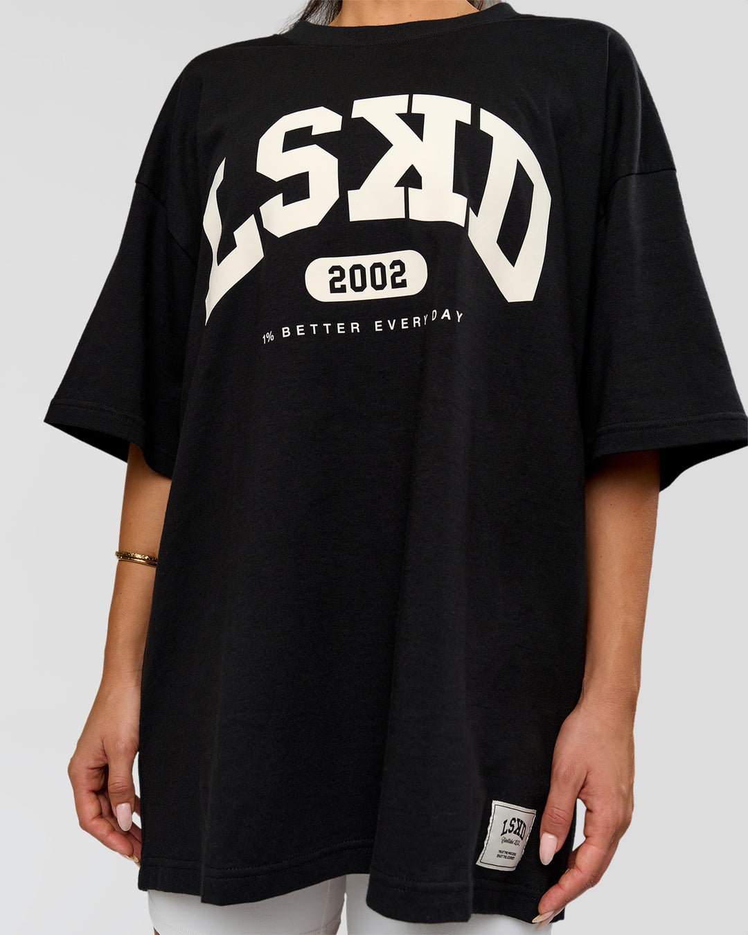 Woman wearing Varsity EST Heavyweight Oversized Tee  - Black-Off White | Model:Bianca | Size:L