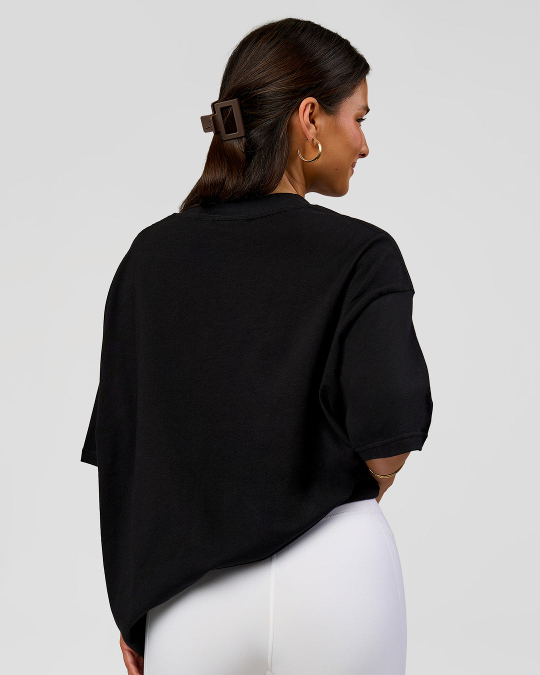Woman wearing Varsity EST Heavyweight Oversized Tee  - Black-Off White | Model:Bianca | Size:L