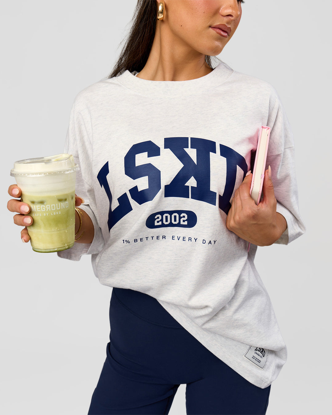 Woman wearing Varsity EST Heavyweight Oversized Tee  - Silver Marl-Future Navy | Model:Bianca | Size:L