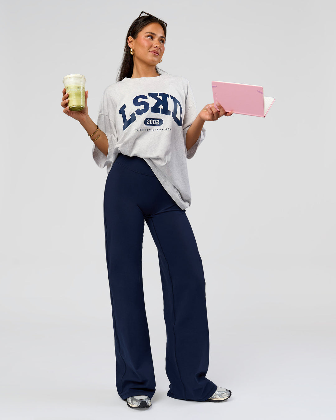 Woman wearing Varsity EST Heavyweight Oversized Tee  - Silver Marl-Future Navy | Model:Bianca | Size:L