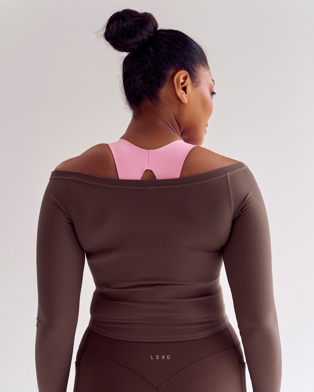 Woman wearing Bree Bardot Long Sleeve Top - Cocoa Powder | Model:Cass | Size:L - view 12