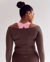 Woman wearing Bree Bardot Long Sleeve Top - Cocoa Powder | Model:Cass | Size:L | Thumbnail Index: 11