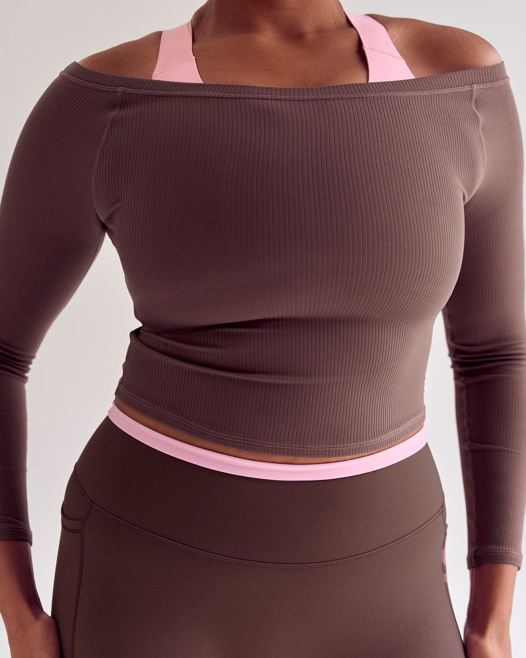 Woman wearing Bree Bardot Long Sleeve Top - Cocoa Powder | Model:Cass | Size:L - view 9