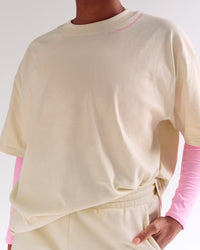 Woman wearing Bree Heavyweight Oversized Tee - Vanilla Bean | Model:Cass | Size:L | Thumbnail Index: 18