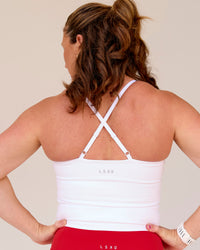 Woman wearing Podium Mesh Shelf Bra Tank - White | Model:Tia | Size:L | Thumbnail Index: 3