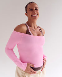 Woman wearing Bree Bardot Long Sleeve Top - Pink Rose | Model:Bree | Size:M | Thumbnail Index: 6
