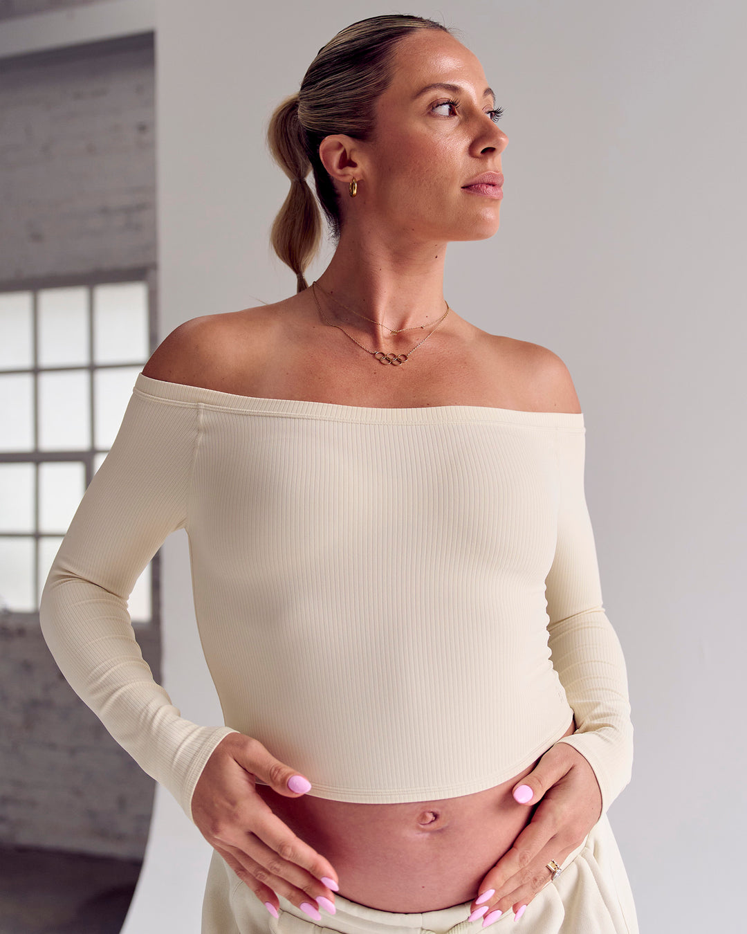 Woman wearing Bree Bardot Long Sleeve Top - Vanilla Bean | Model:Bree | Size:M - view 7