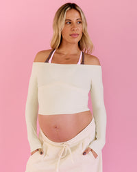 Woman wearing Bree Bardot Long Sleeve Top - Vanilla Bean | Model:Bree | Size:M | Thumbnail Index: 12