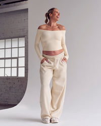 Woman wearing Bree Barrel Fleece Track Pant - Vanilla Bean | Model:Bree | Size:M | Thumbnail Index: 3