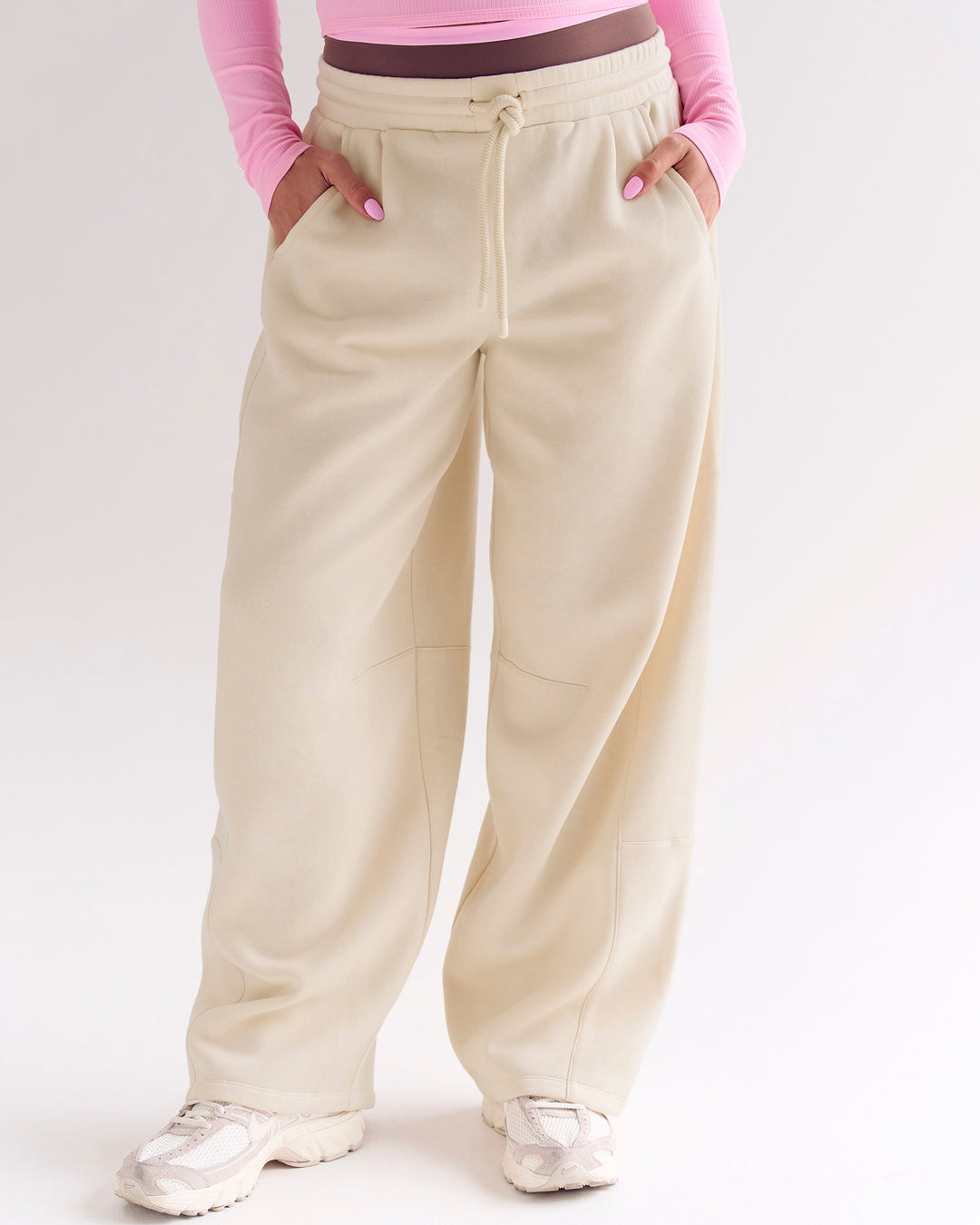 Woman wearing Bree Barrel Fleece Track Pant - Vanilla Bean | Model:Bree | Size:M - view 10