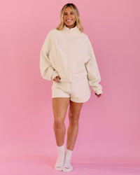 Woman wearing Bree Oversized Fleece Zip Thru - Vanilla Bean | Model:Bree | Size:M | Thumbnail Index: 16