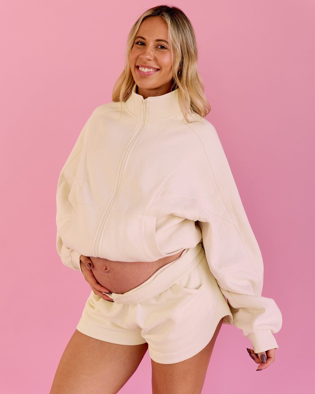 Woman wearing Bree Oversized Fleece Zip Thru - Vanilla Bean | Model:Bree | Size:M - view 3